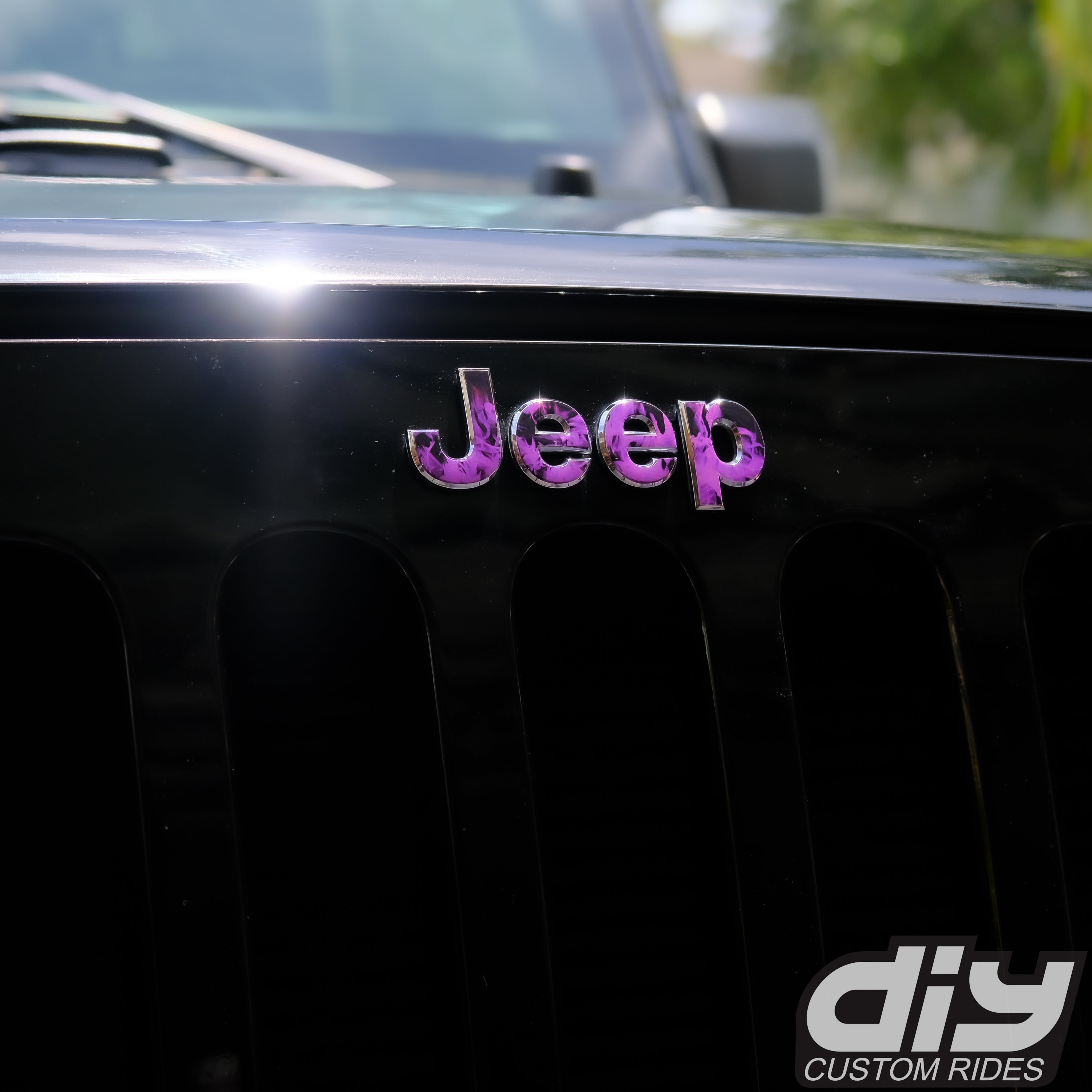 Jeep wrangler jk hood emblem badge overlay vinyl decal wrap purple fire flames 4
