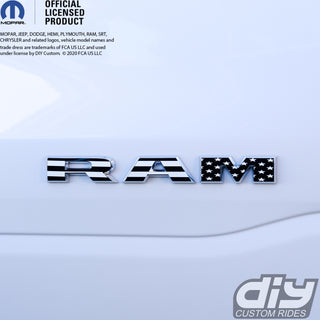 RAM Door x2 Emblem Overlay Decals L&R Black and White American Flag Fits 2019-2024 RAM Trucks