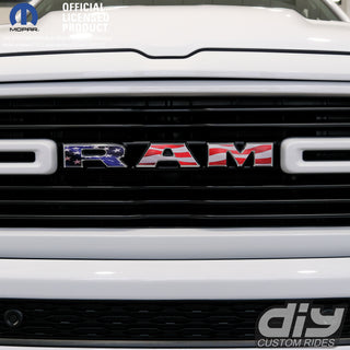 RAM Grill Emblem Overlay Decals WAVING AMERICAN FLAG  Fits 2009-2024 1500-5500