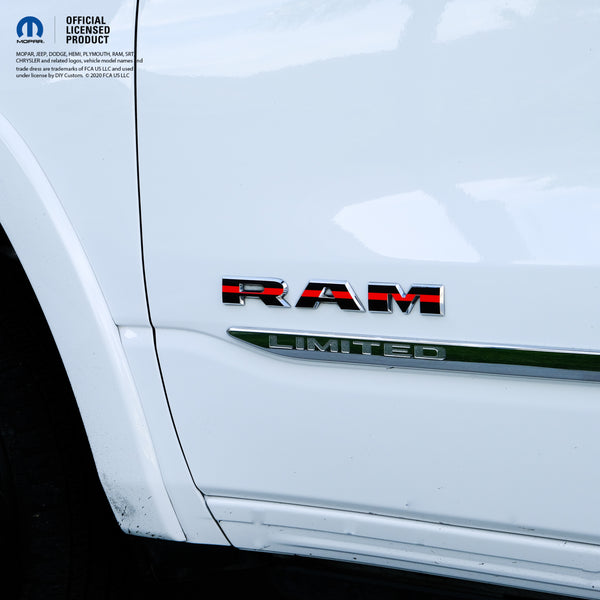 RAM Door x2 Emblem Overlay Decals L&R Thin Red Line Fits 2019-2025 RAM Trucks