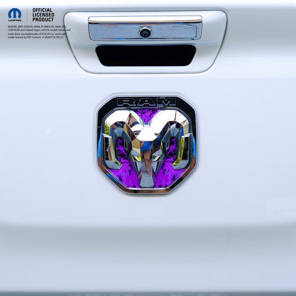 RAM Tailgate RAM Head Emblem Overlay Decals PURPLE FLAMES Fits 2009-2024 Trucks