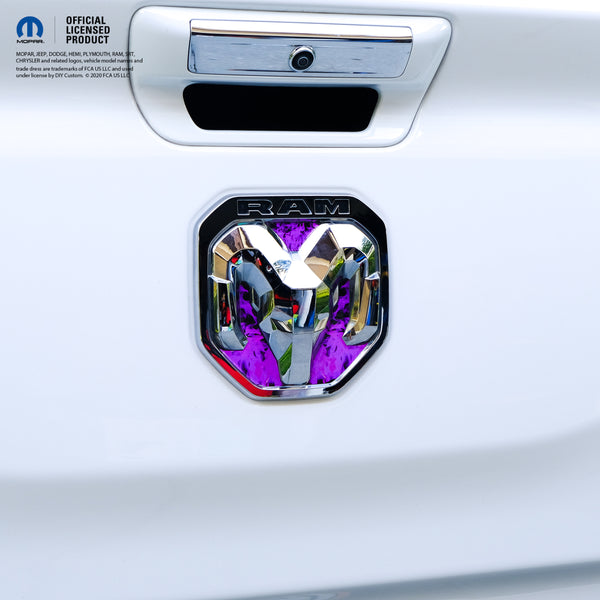 RAM Tailgate RAM Head Emblem Overlay Decals PURPLE FLAMES Fits 2009-2024 Trucks