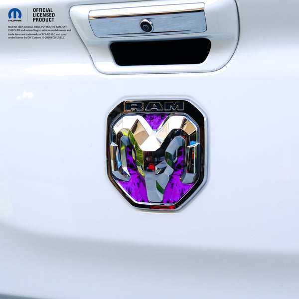 RAM Tailgate RAM Head Emblem Overlay Decals PURPLE FLAMES Fits 2009-2024 Trucks