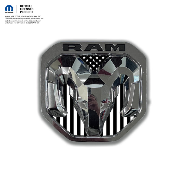 RAM Tailgate RAM Head Emblem Overlay Decals BLACK & WHITE AMERICAN FLAG Fits 2009-2024 Trucks