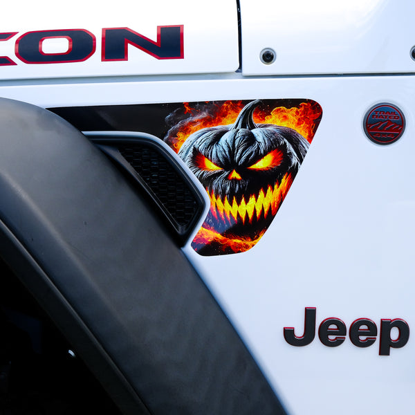 Jeep Fender Vent Vinyl "Flaming Jack-O-Lantern" Decals Fits 2018-2025 Wrangler JL & Gladiator