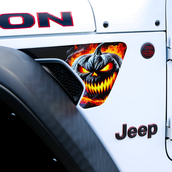 Jeep Fender Vent Vinyl "Flaming Jack-O-Lantern" Decals Fits 2018-2025 Wrangler JL & Gladiator