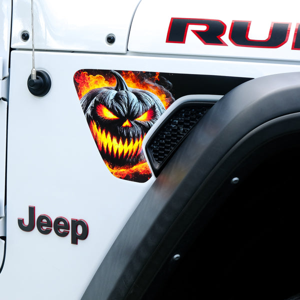 Jeep Fender Vent Vinyl "Flaming Jack-O-Lantern" Decals Fits 2018-2025 Wrangler JL & Gladiator