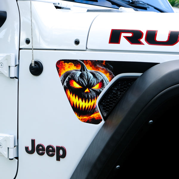 Jeep Fender Vent Vinyl "Flaming Jack-O-Lantern" Decals Fits 2018-2025 Wrangler JL & Gladiator