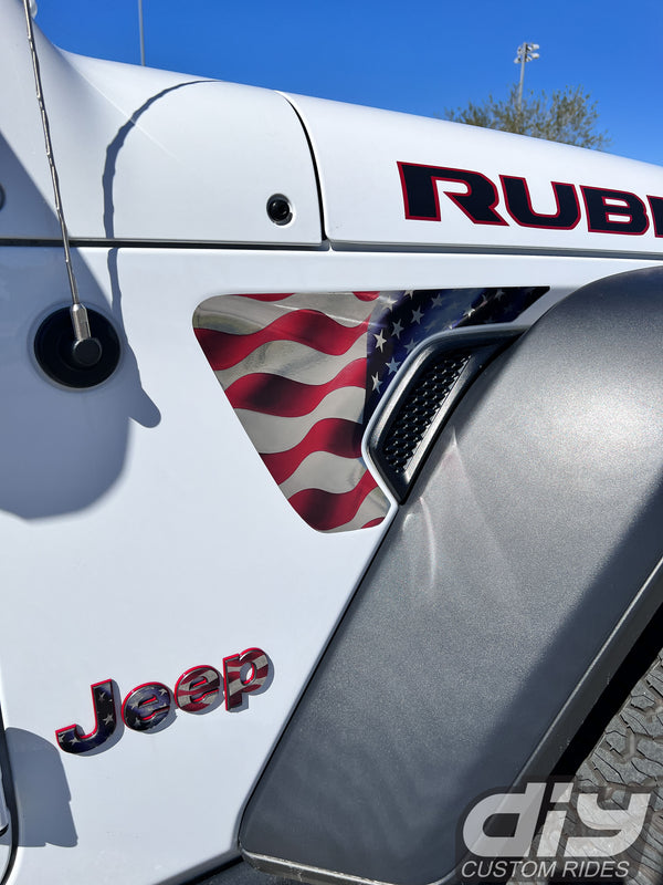 Jeep Fender Vent Vinyl "Chrome Waving American Flag" Decals Fits 2018-2024 Wrangler JL & Gladiator