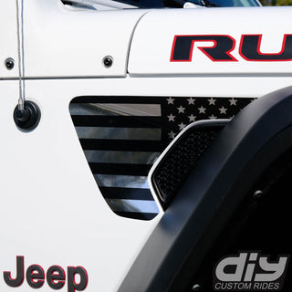 Jeep Fender Vent Vinyl "Chrome and Black American Flag" Decals Fits 2018-2024 Wrangler JL & Gladiator