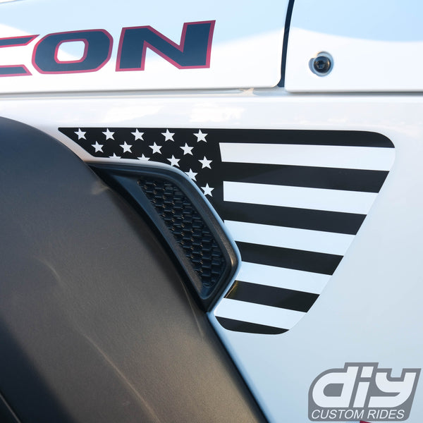 Jeep Fender Vent Vinyl "Black and White American Flag" Decals Fits 2018-2024 Wrangler JL & Gladiator