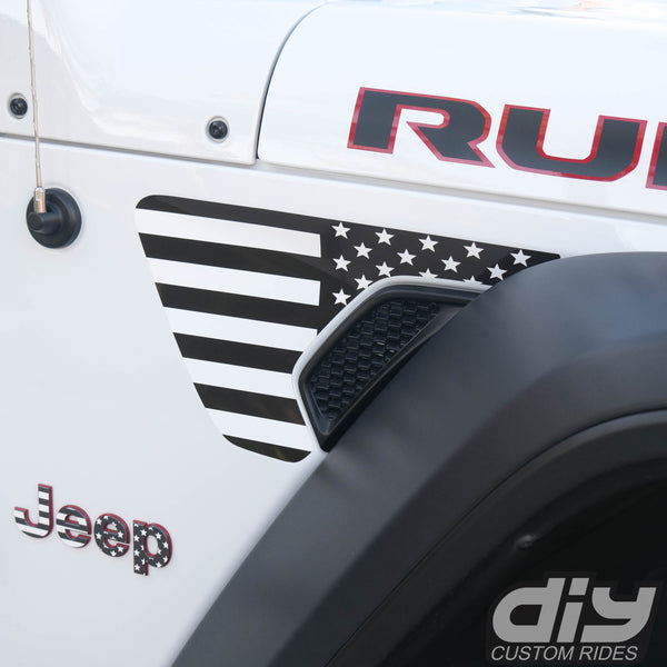 Jeep Fender Vent Vinyl "Black and White American Flag" Decals Fits 2018-2024 Wrangler JL & Gladiator