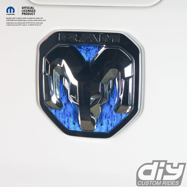 RAM Tailgate RAM Head Emblem Overlay Decals BLUE FLAMES Fits 2009-2024 Trucks