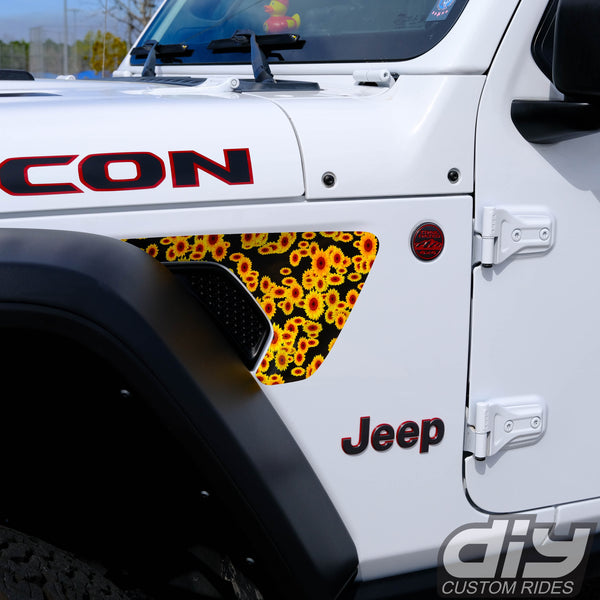 Jeep Fender Vent Vinyl "Sunflowers on Black" Decals Fits 2018-2024 Wrangler JL & Gladiator