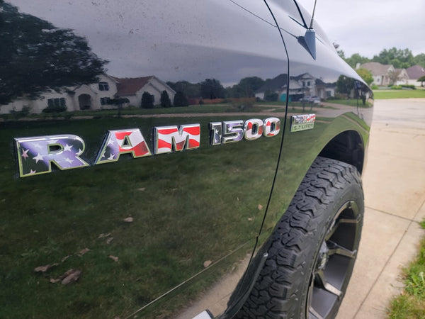 RAM Classic 1500-3500 Door Emblem Decals WAVING AMERICAN FLAG Fits 2009-2023