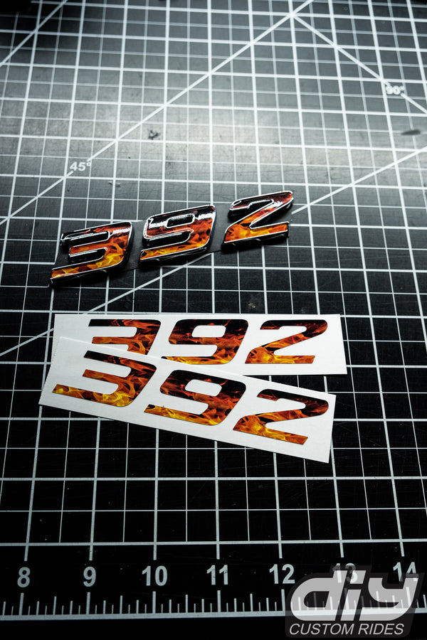 392 Fender Emblem Overlay Decals L&R REAL FLAMES Fits Dodge Challenger Charger 300