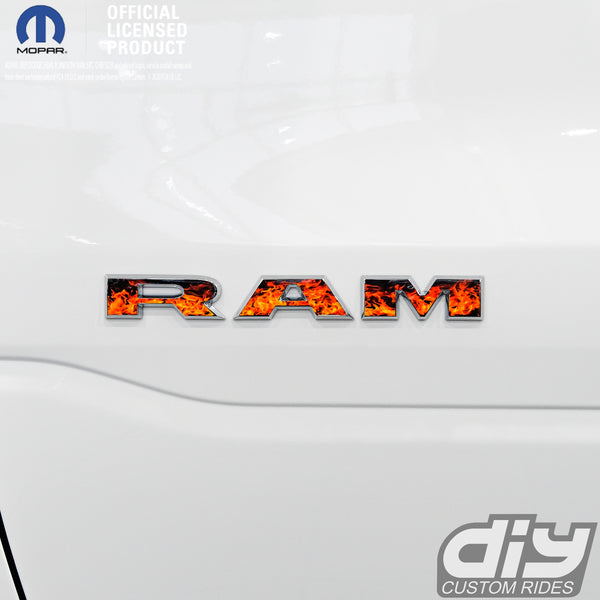 RAM Door x2 Emblem Overlay Decals L&R REAL FIRE FLAMES Fits 2019-2024 RAM Trucks