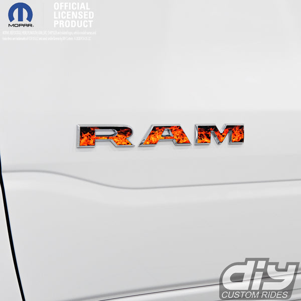 RAM Door x2 Emblem Overlay Decals L&R REAL FIRE FLAMES Fits 2019-2024 RAM Trucks