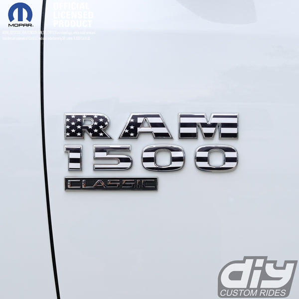 RAM Classic 1500-3500 Door Emblem Decals BLACK & WHITE AMERICAN FLAG Fits 2009-2023