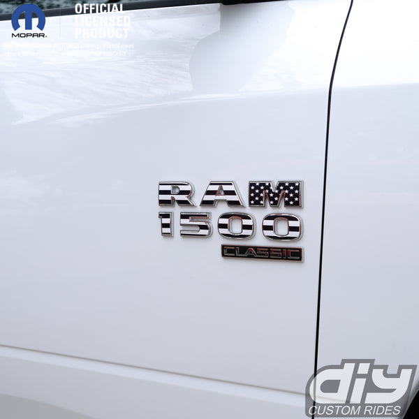 RAM Classic 1500-3500 Door Emblem Decals BLACK & WHITE AMERICAN FLAG Fits 2009-2023