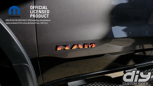 RAM Door x2 Emblem Overlay Decals L&R REAL FIRE FLAMES Fits 2019-2024 RAM Trucks